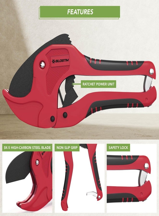 BLOSTM Plastic Pipe Cutter - Heavy Duty Ratchet Pipe Cutters with 42mm Outside Diameter Cutting Capacity for PVC PEX PPR Plastic Pipes & Rubber Hoses, Ergonomic Non-Slip Handle & Safety Lock (Red) - Image 2